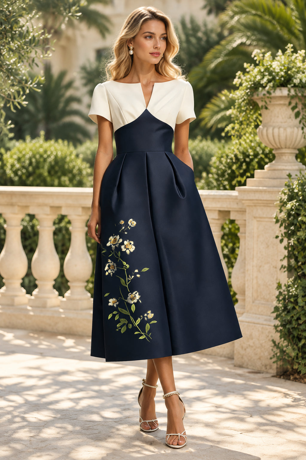 Colorblock Floral Embroidered Midi A-Line Dress