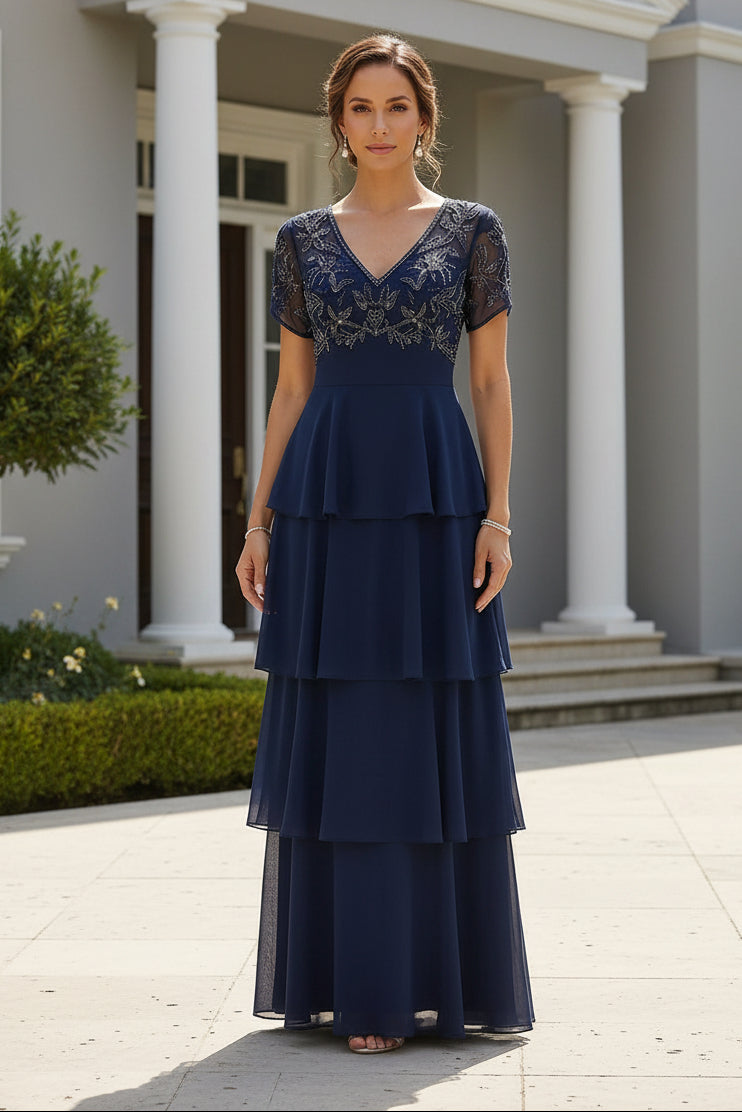 Beaded Bodice Tiered Chiffon Formal Evening Gown