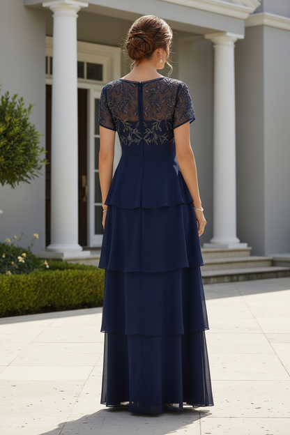 Beaded Bodice Tiered Chiffon Formal Evening Gown
