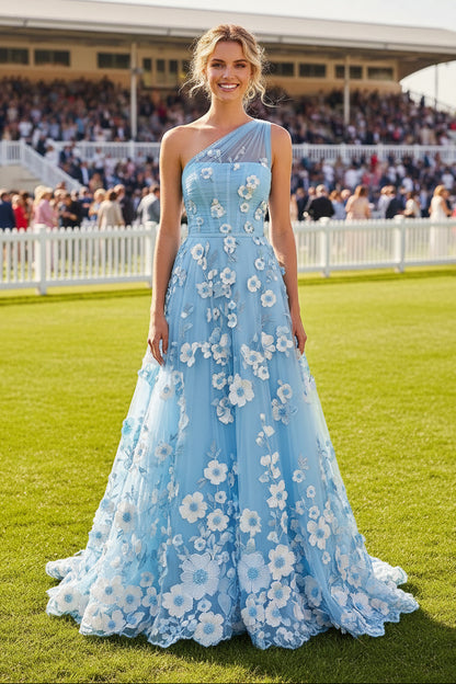 One-Shoulder Floral 3D Applique Gown with Pockets