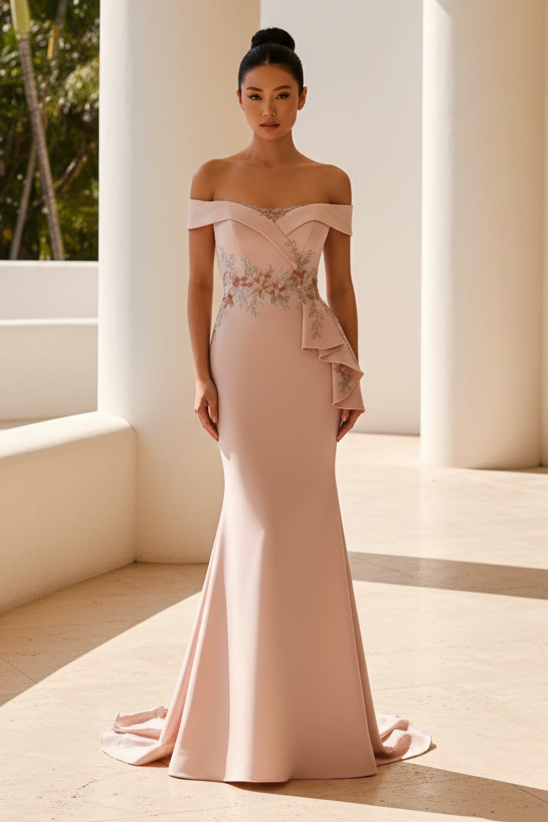 Off-Shoulder Embroidered Mermaid Gown