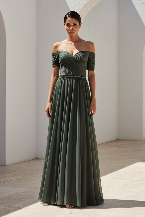 Off Shoulder Ruched Bodice Chiffon A-Line Gown