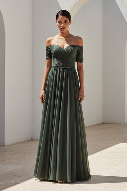 Off Shoulder Ruched Bodice Chiffon A-Line Gown