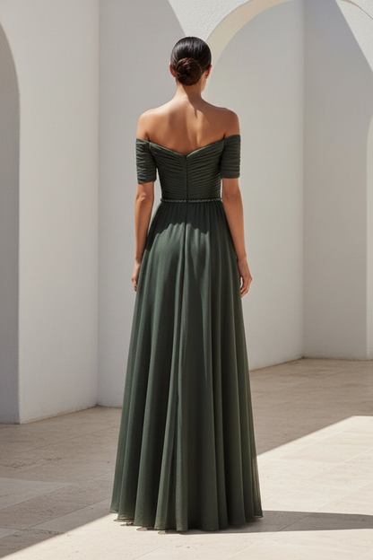 Off Shoulder Ruched Bodice Chiffon A-Line Gown