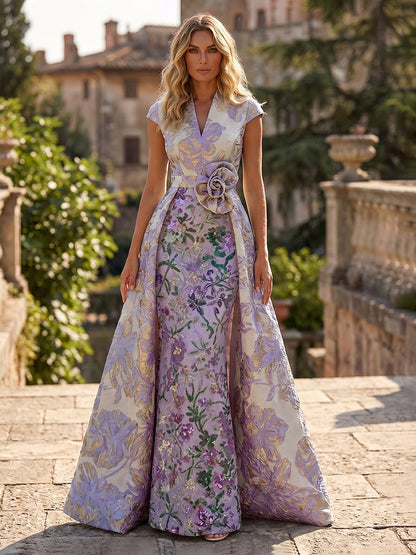 Jacquard Evening Gown with Lace Column Skirt