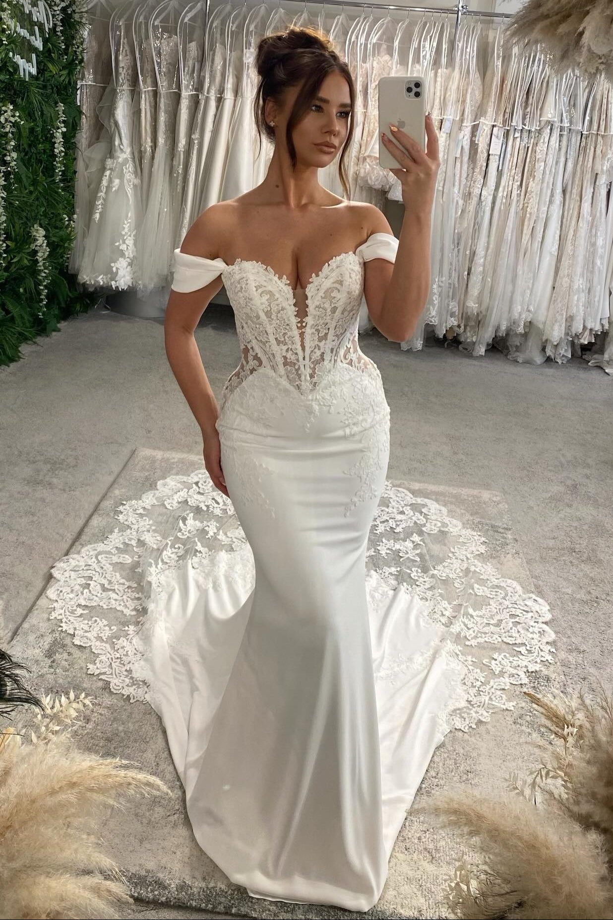 Off-the-Shoulder Mermaid Wedding Dress with Lace Train