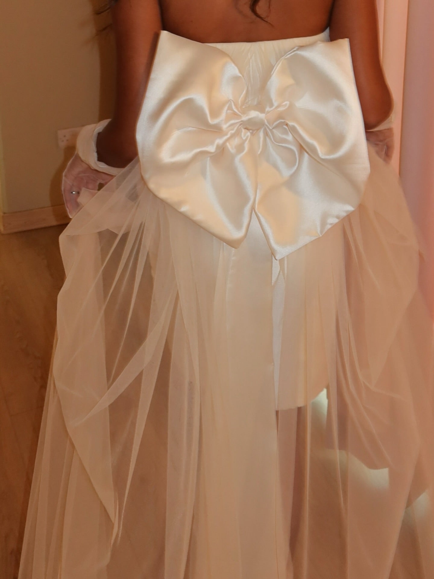 Strapless Satin Mini Bridal Dress with Bow Train