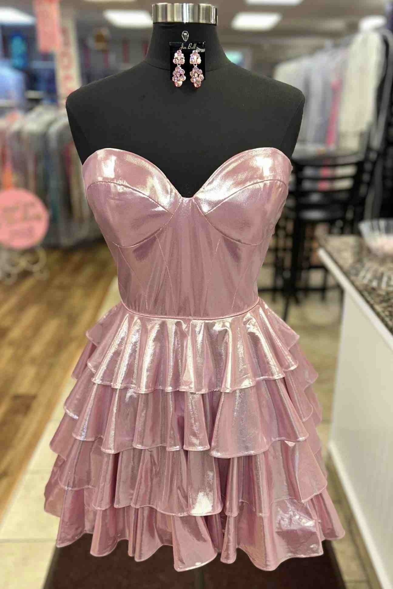 Strapless Tiered Ruffle Metallic Mini Dress