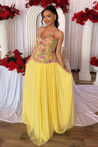 Embroidered Bodice Halter Gown with Chiffon Skirt