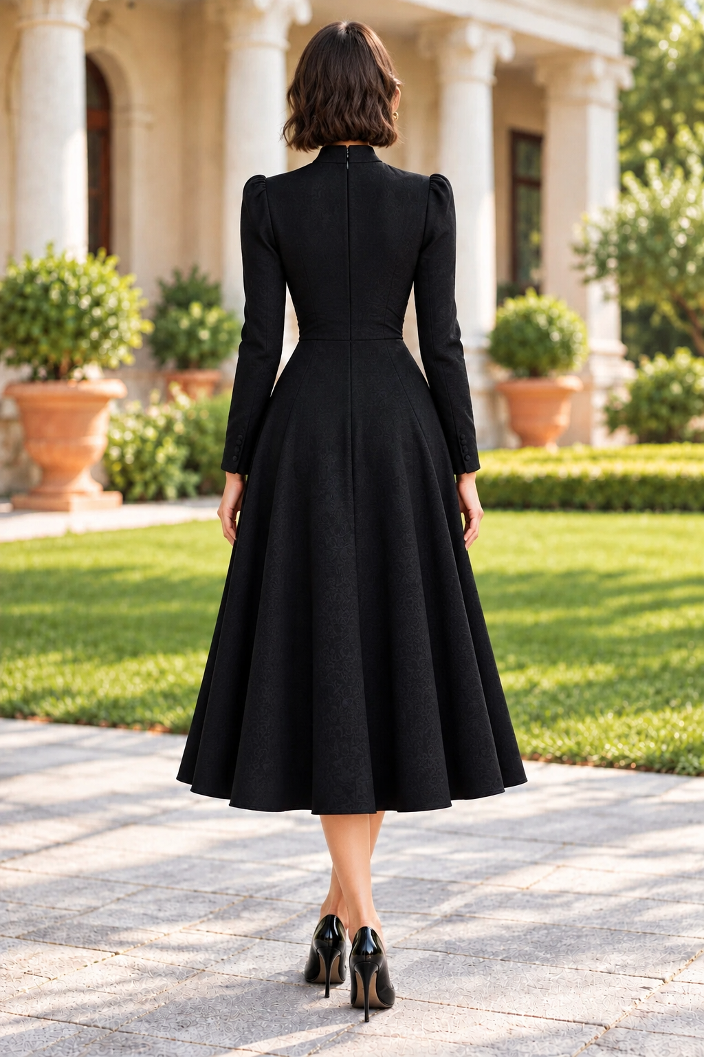Keyhole High-Neck Long Sleeve Midi A-Line Dress