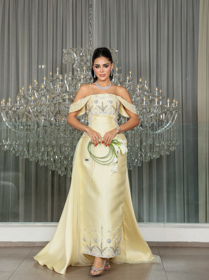 Embellished Off-the-Shoulder Gown with Overskirt