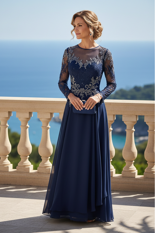 Illusion Lace Long Sleeve A-Line Evening Gown