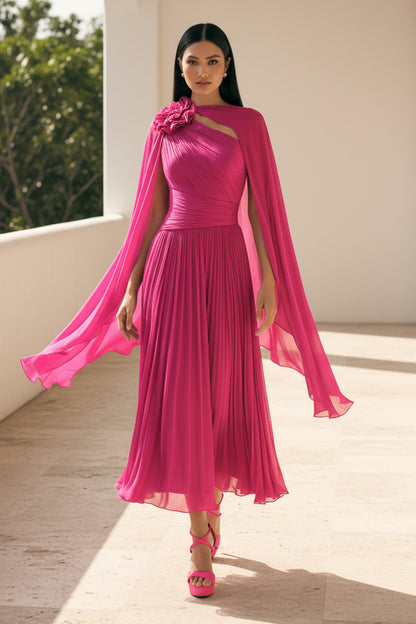 Pleated A-Line Midi Dress with Cape and 3D Flower