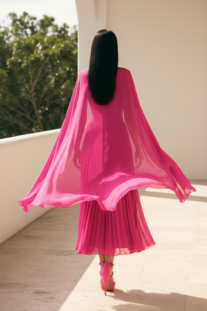 Pleated A-Line Midi Dress with Cape and 3D Flower