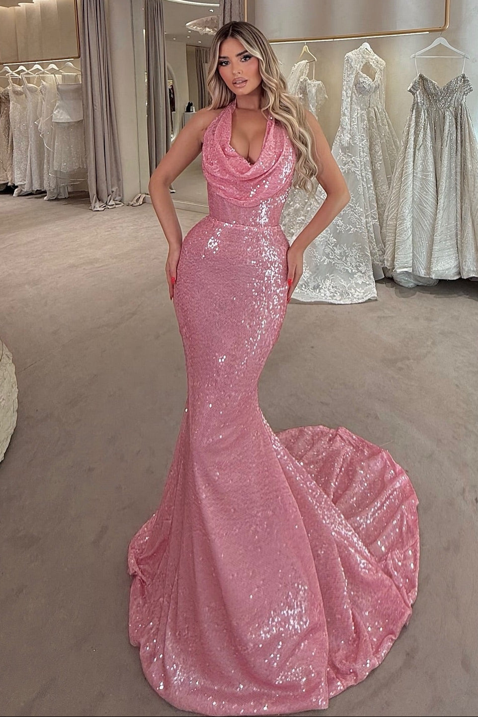 Halter Cowl Neck Sequin Mermaid Evening Gown