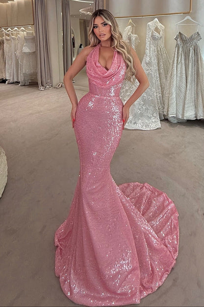 Halter Cowl Neck Sequin Mermaid Evening Gown