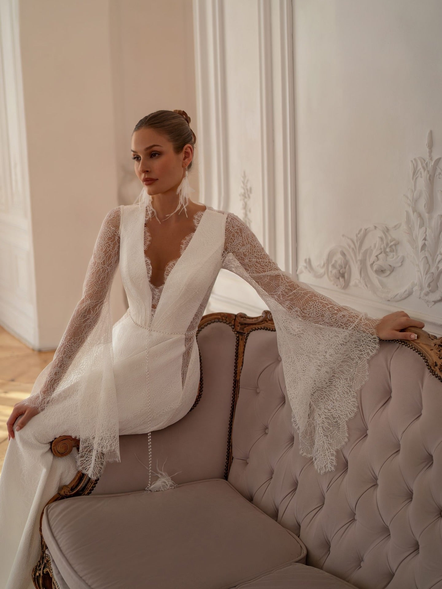Deep V Lace Bell Sleeve Wedding Dress
