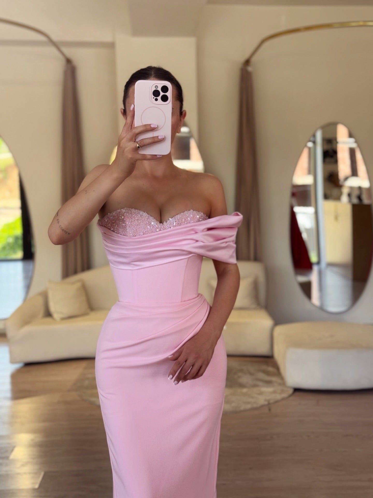 Off-the-Shoulder Corset Evening Gown with Beaded Bust