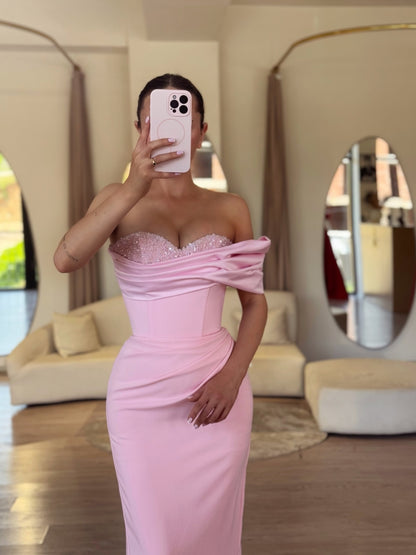 Off-the-Shoulder Corset Evening Gown with Beaded Bust