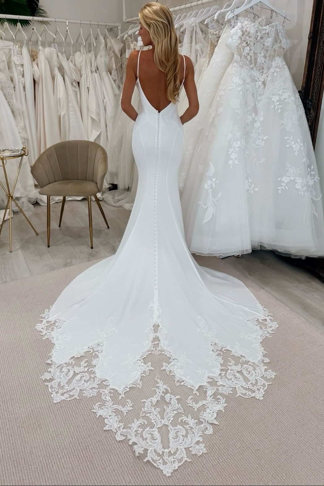 Low Back Crepe Mermaid Wedding Dress with Lace Train