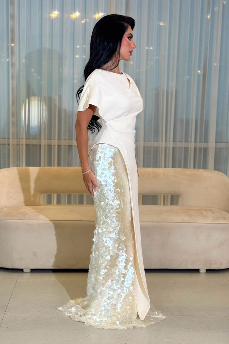 One-Shoulder Drape Evening Gown with Sequin Skirt