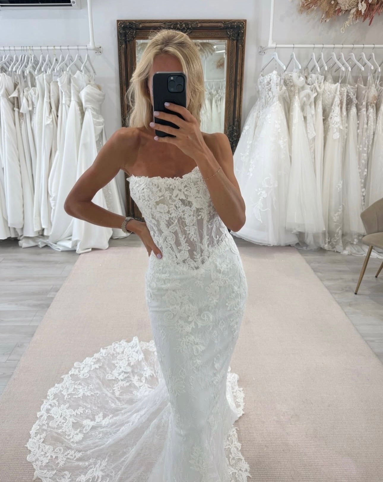 Strapless Lace Mermaid Wedding Dress with Overskirt