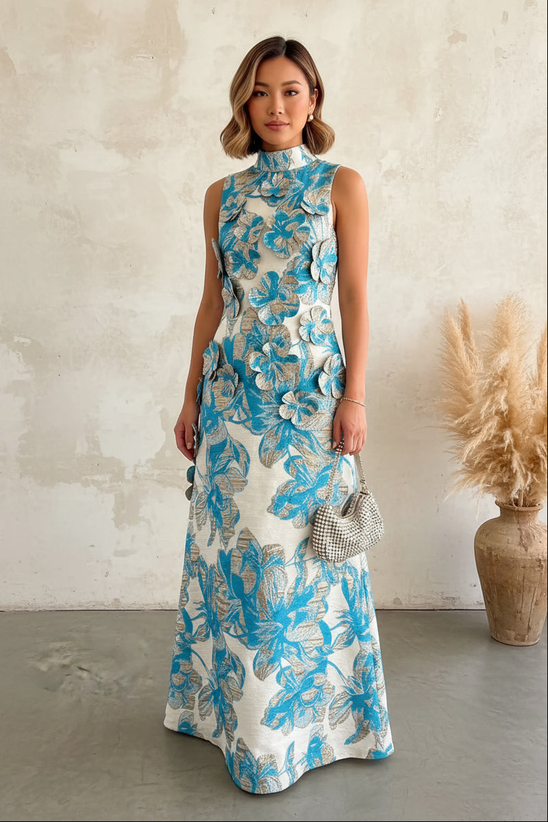 High Neck Jacquard Maxi Dress with 3D Flowers