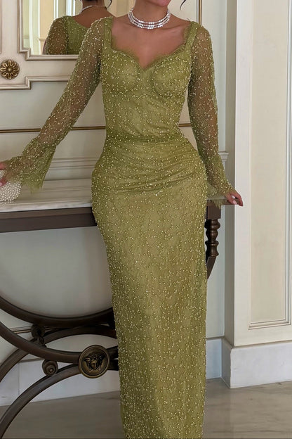 Beaded Long Sleeve Corset Bodice Evening Gown