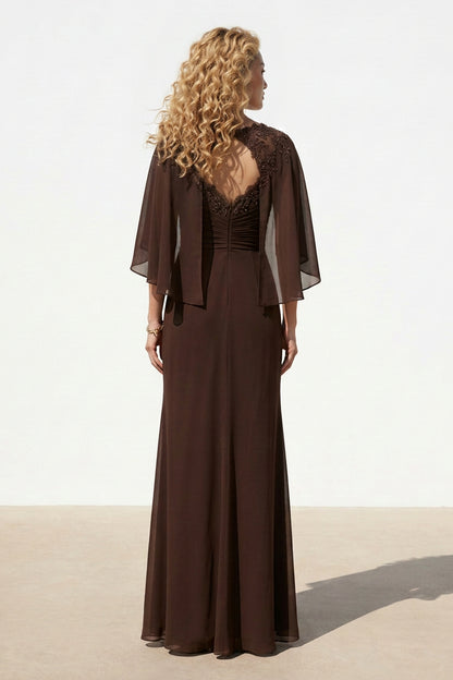 Ruched Chiffon Gown with Cape Sleeves