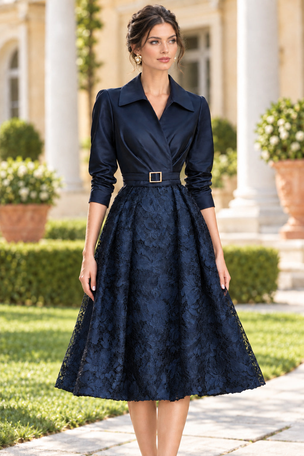 Satin Wrap Collared Midi Dress with Lace Skirt