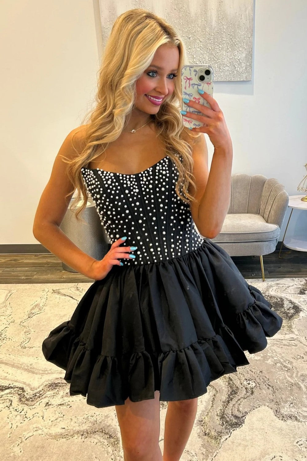 Pearl-Embellished Strapless Corset Mini Dress