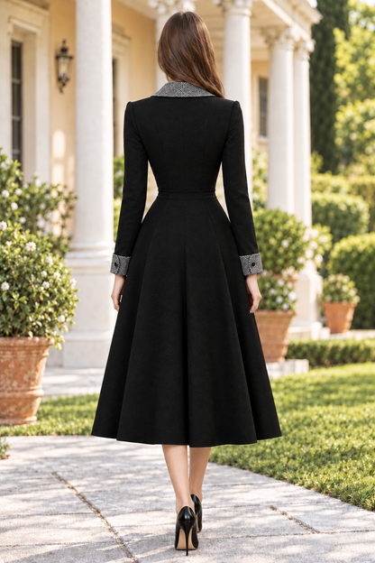 A-Line Midi Dress with Contrast Lapel Collar