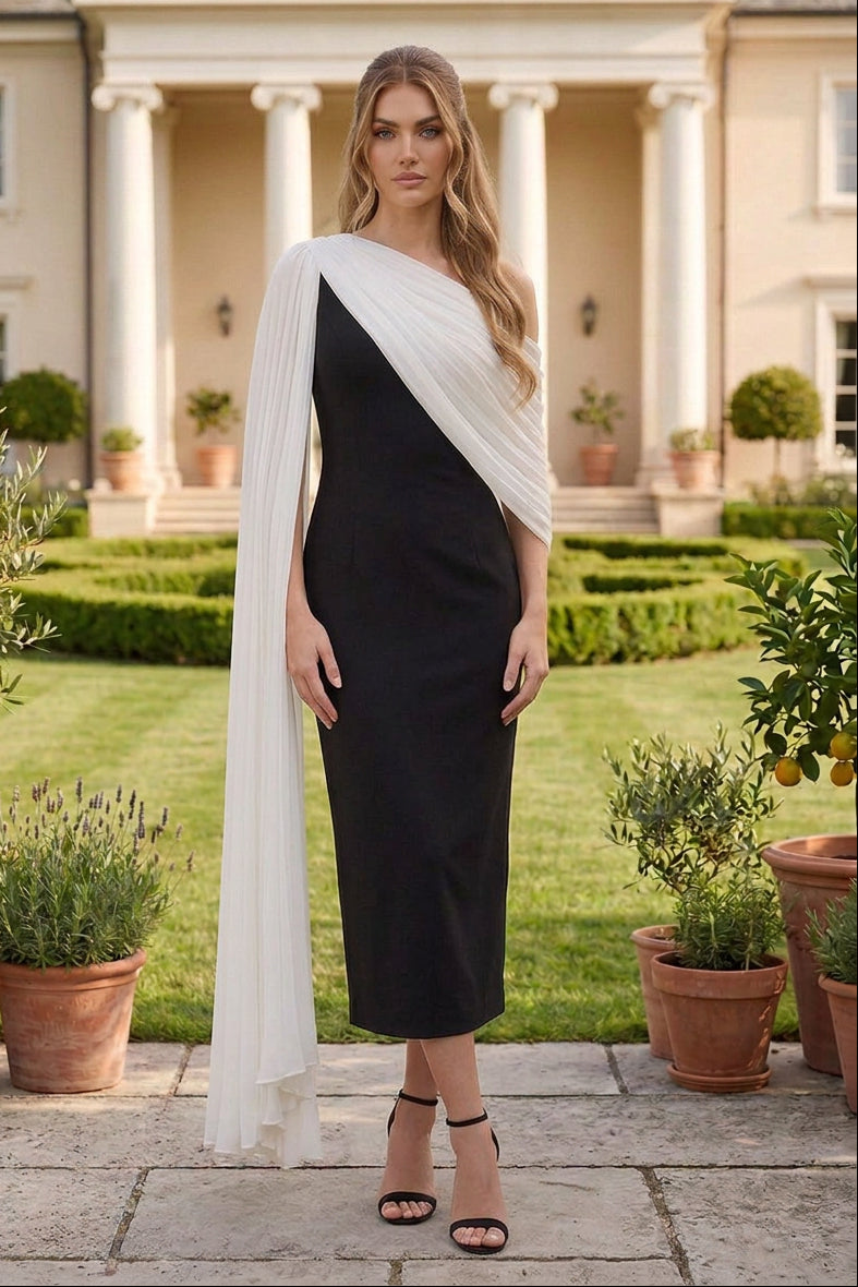 One-Shoulder Midi Dress with Pleated Cape Drape