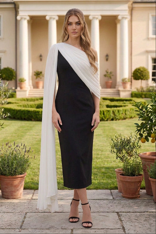 One-Shoulder Midi Dress with Pleated Cape Drape
