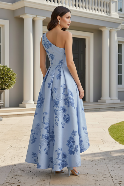 Floral Jacquard One-Shoulder High-Low Dress