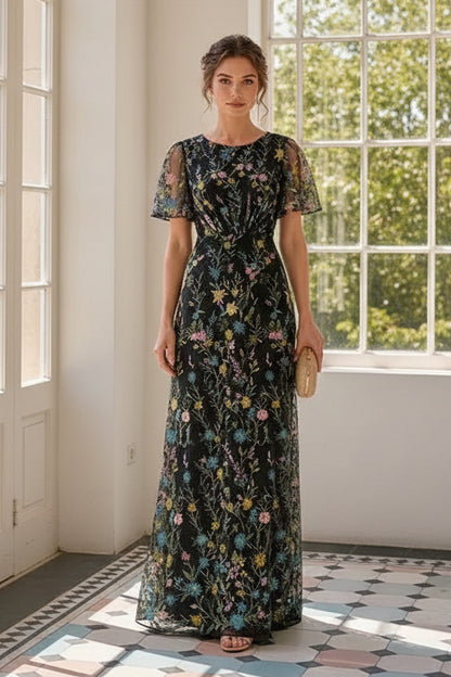 Flutter Sleeve Floral Embroidered Maxi Dress
