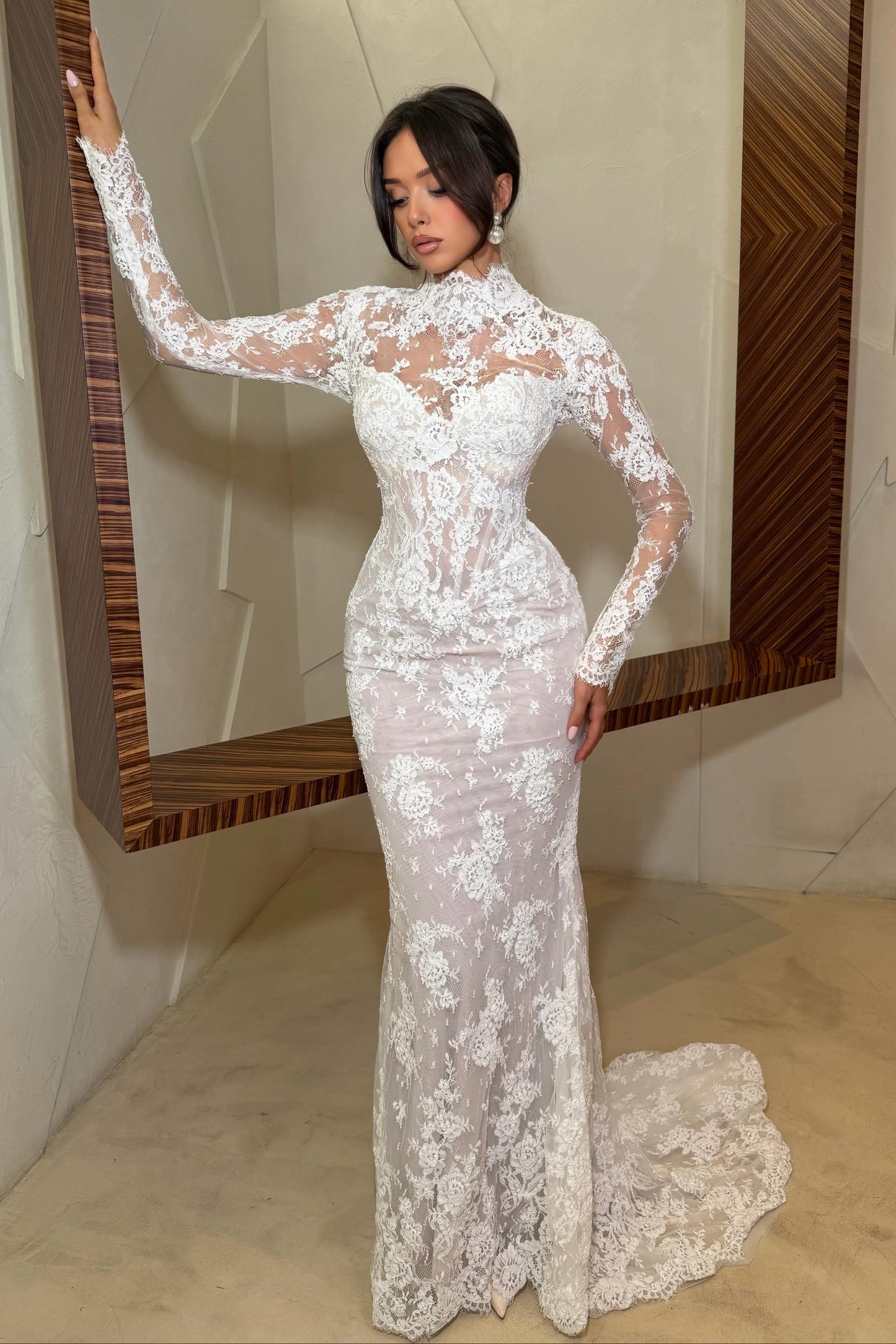 High Neck Lace Long Sleeve Mermaid Wedding Dress