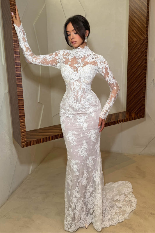 High Neck Lace Long Sleeve Mermaid Wedding Dress