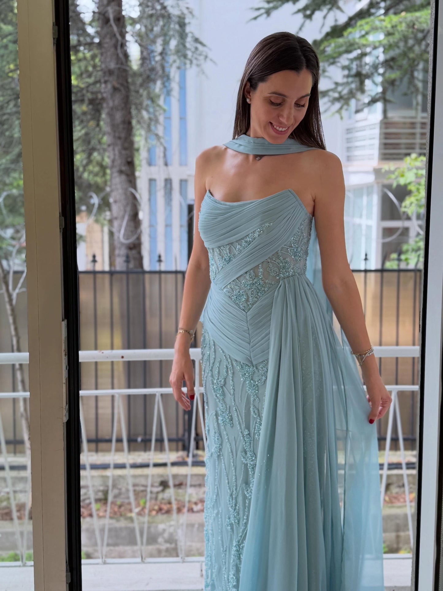 Strapless Pleated Corset Evening Gown with Side Draping