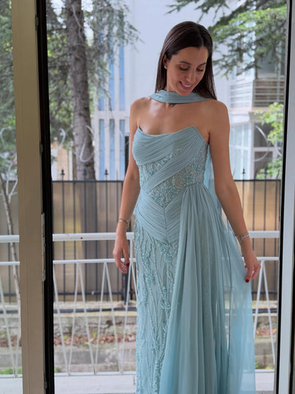 Strapless Pleated Corset Evening Gown with Side Draping