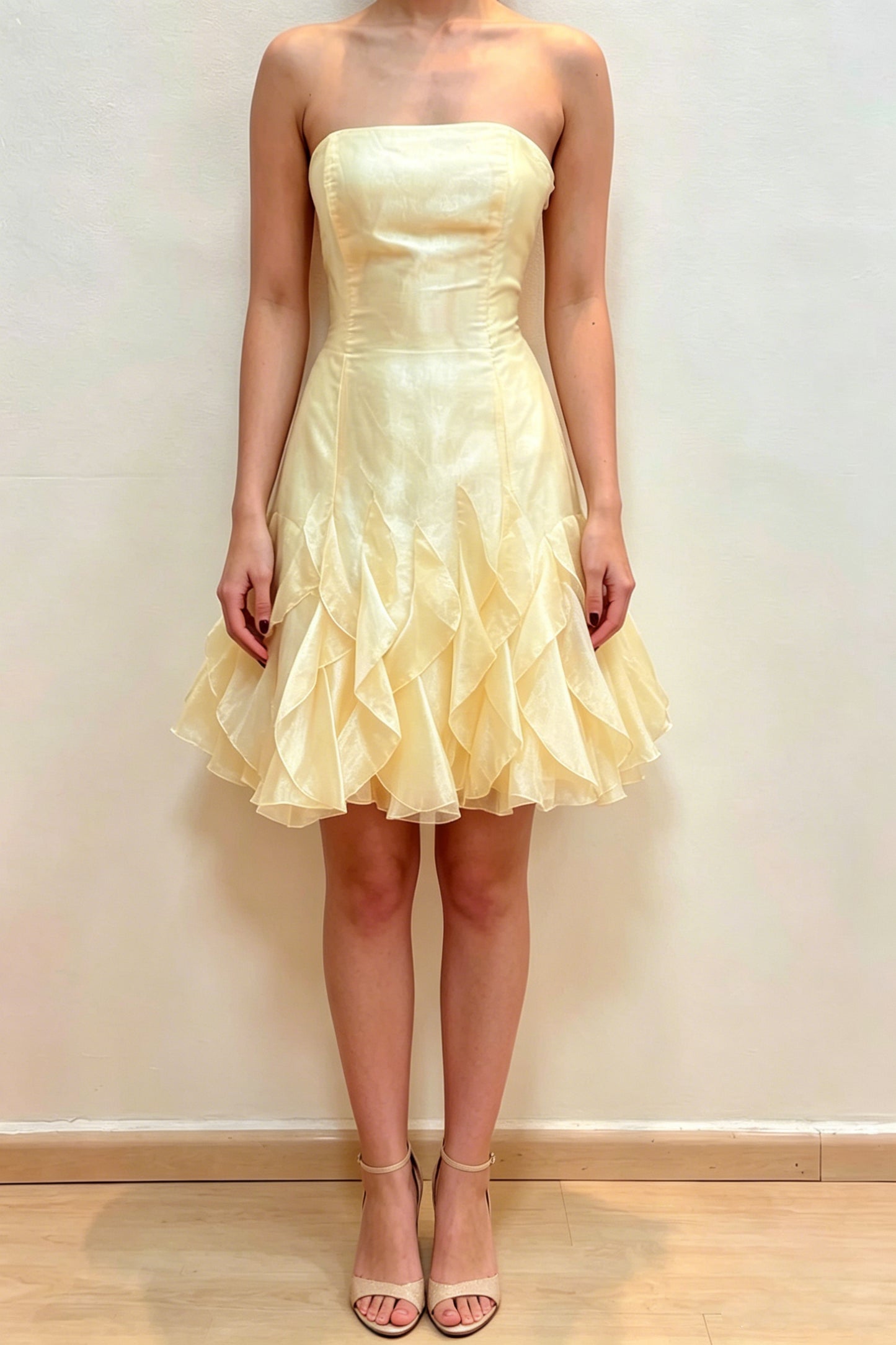 Strapless Ruffled Organza Mini Dress with Lace-Up Back