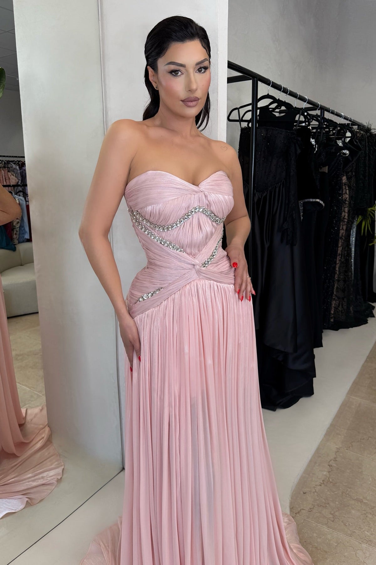 Strapless Pleated Gown with Rhinestones