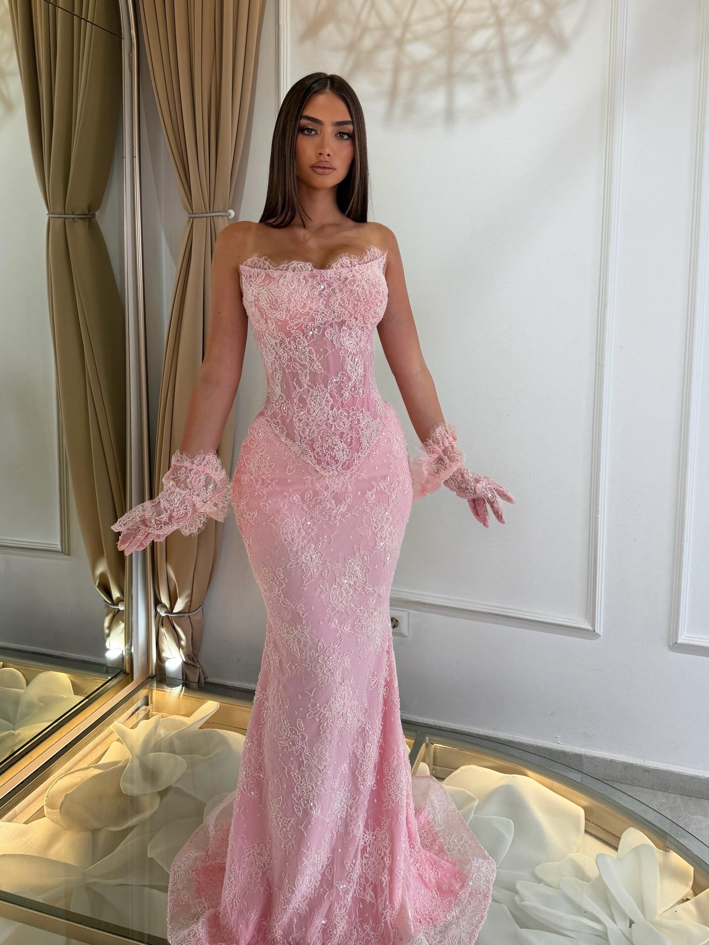 Strapless Lace Mermaid Evening Gown with Corset Bodice
