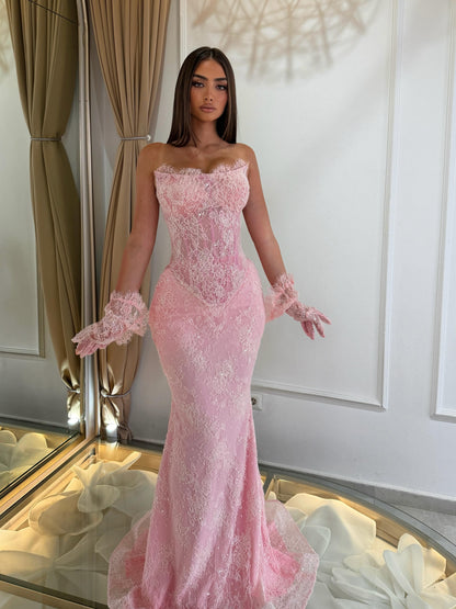 Strapless Lace Mermaid Evening Gown with Corset Bodice