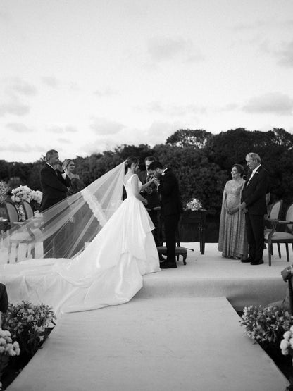 Satin Ball Gown with Tiered Skirt Cathedral Train Wedding Dress