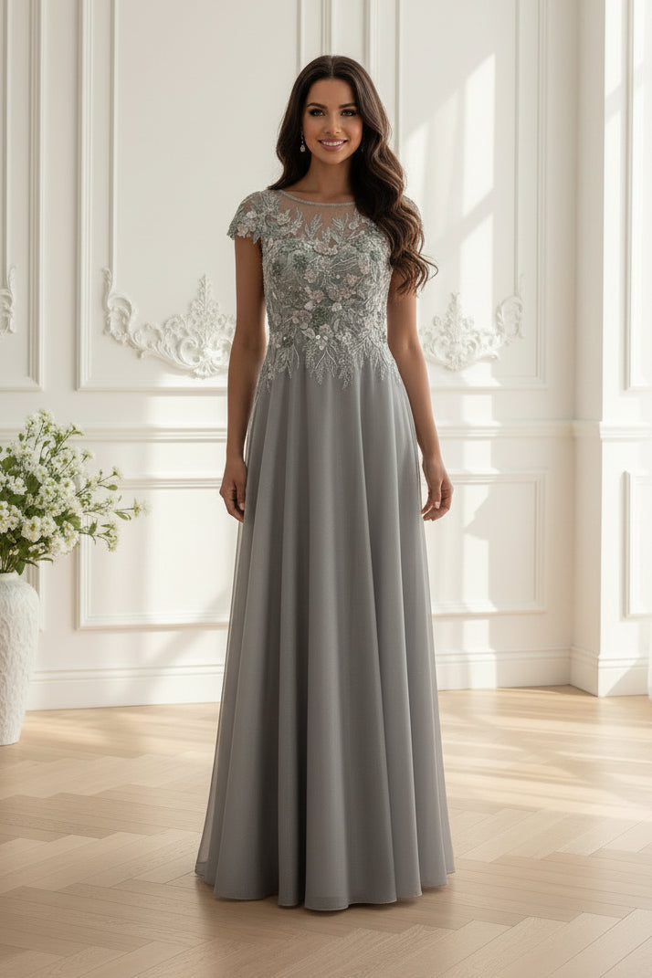 Embroidered Illusion Cap Sleeve Gown