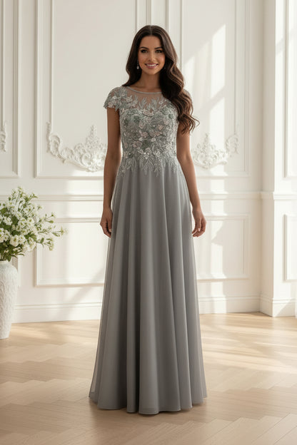Embroidered Illusion Cap Sleeve Gown