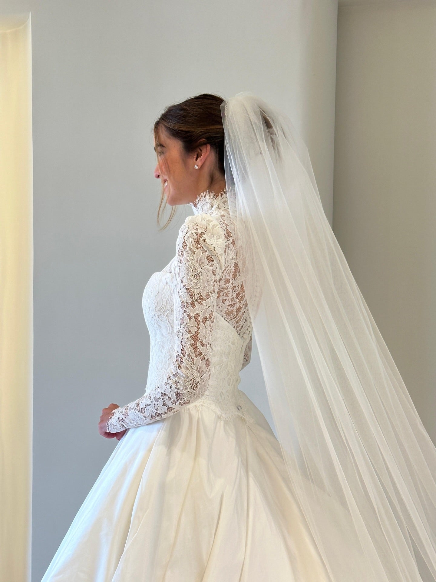 Long Sleeve Lace Bodice Ball Gown Wedding Dress