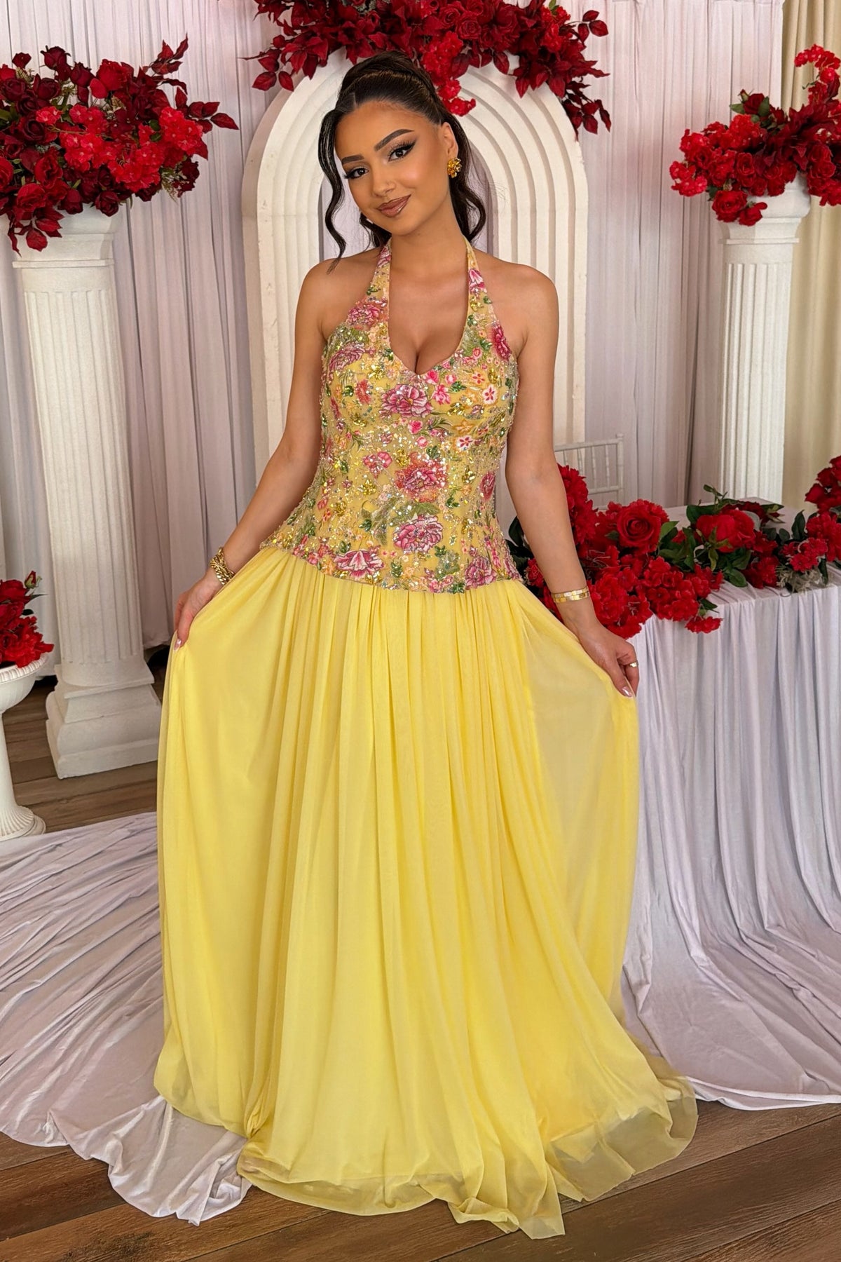 Embroidered Bodice Halter Gown with Chiffon Skirt