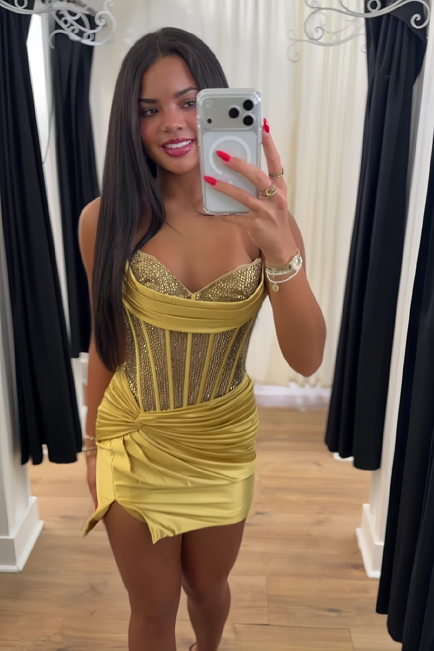 Strapless Rhinestone Corset Ruched Mini Dress